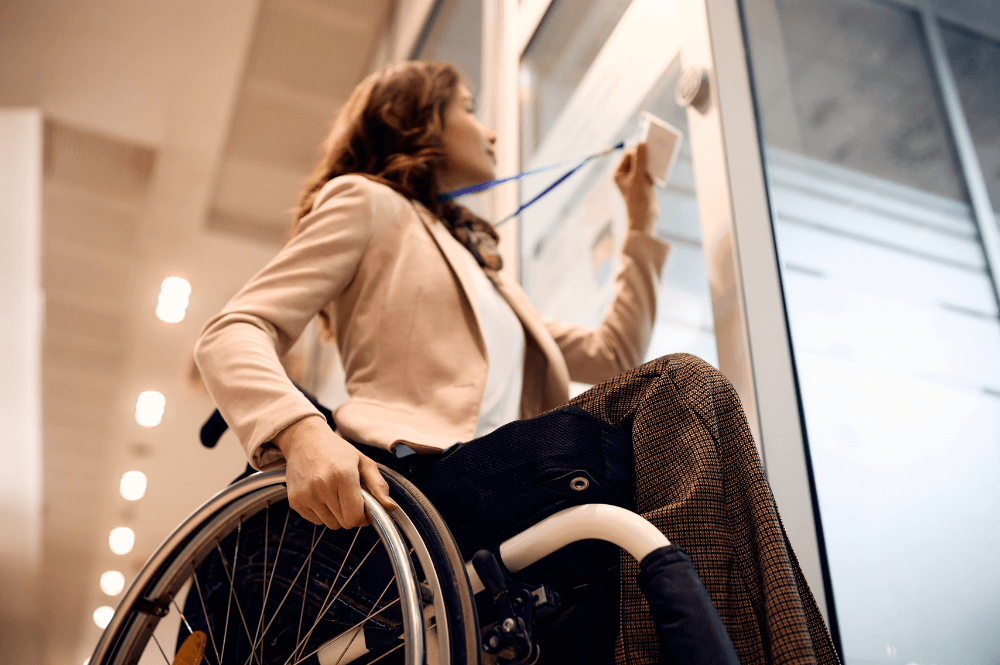 Handicapped woman using an ID badge